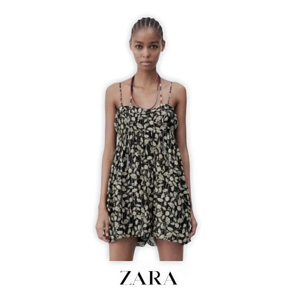 ZARA Black Floral Metallic Thread Romper NWT Sizes S M L Strappy Flowy Jumpsuit - Picture 9 of 12
